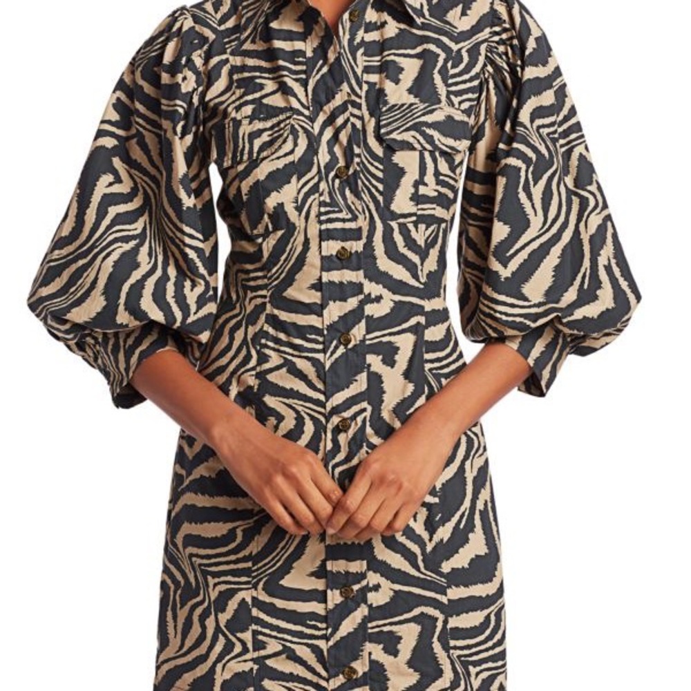 Ganni Puff-Sleeve Zebra Mini Shirtdress